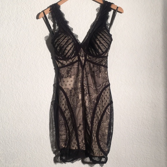bebe Dresses & Skirts - bebe Black Lace & Nude Mesh Slip Dress